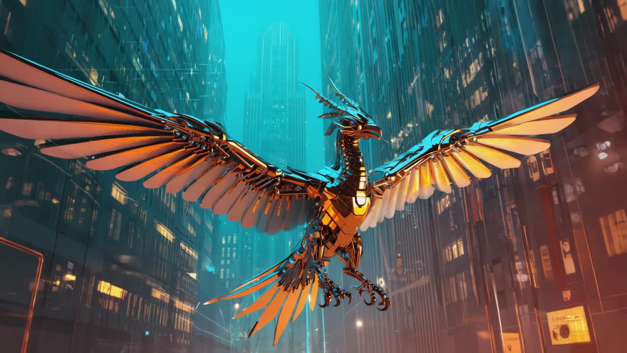 Mechanical Phoenix Soaring Through a Futuristic Cityscape