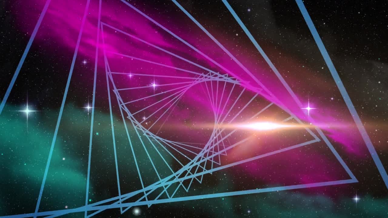 animación de una forma triangular abstracta en un patrón sin costuras sobre estrellas brillantes en el espacio