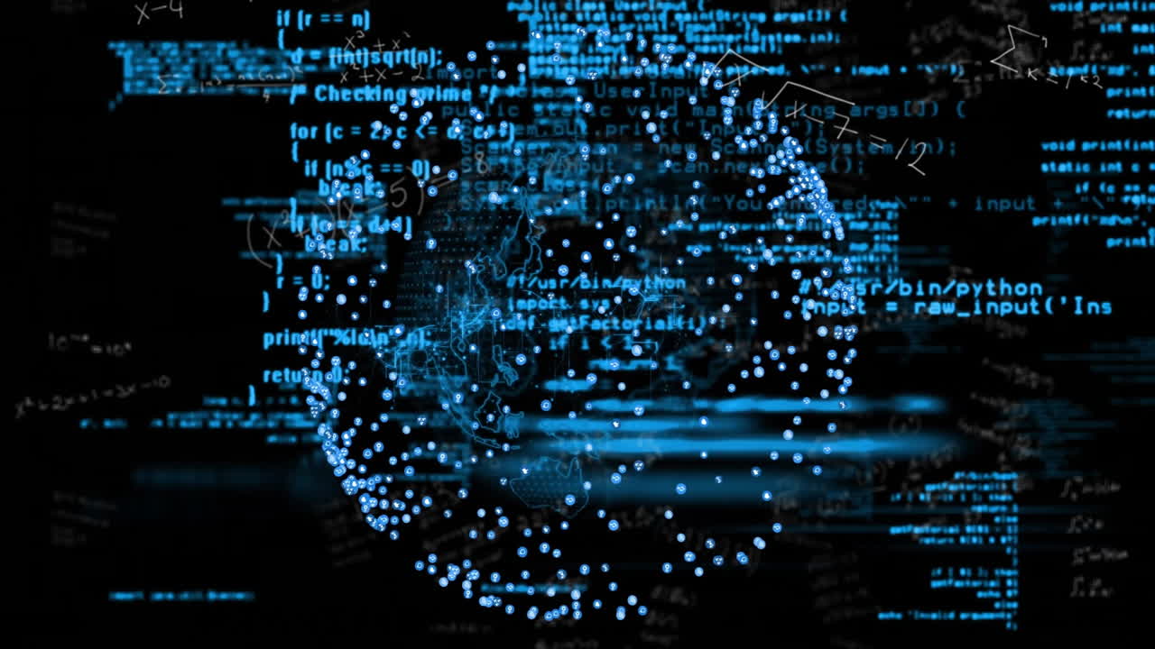 Animation of digital globe with interconnected nodes and equations in blue overlay