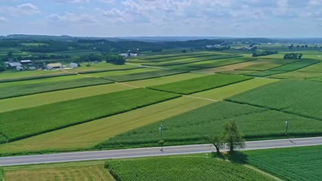 Una-Vista-Aérea-De-Los-Campos-De-Maíz-Y-La-Cosecha-De-Cultivos,-Con-Manchas-De-Color-En-Un-Hermoso-Día-De-Verano