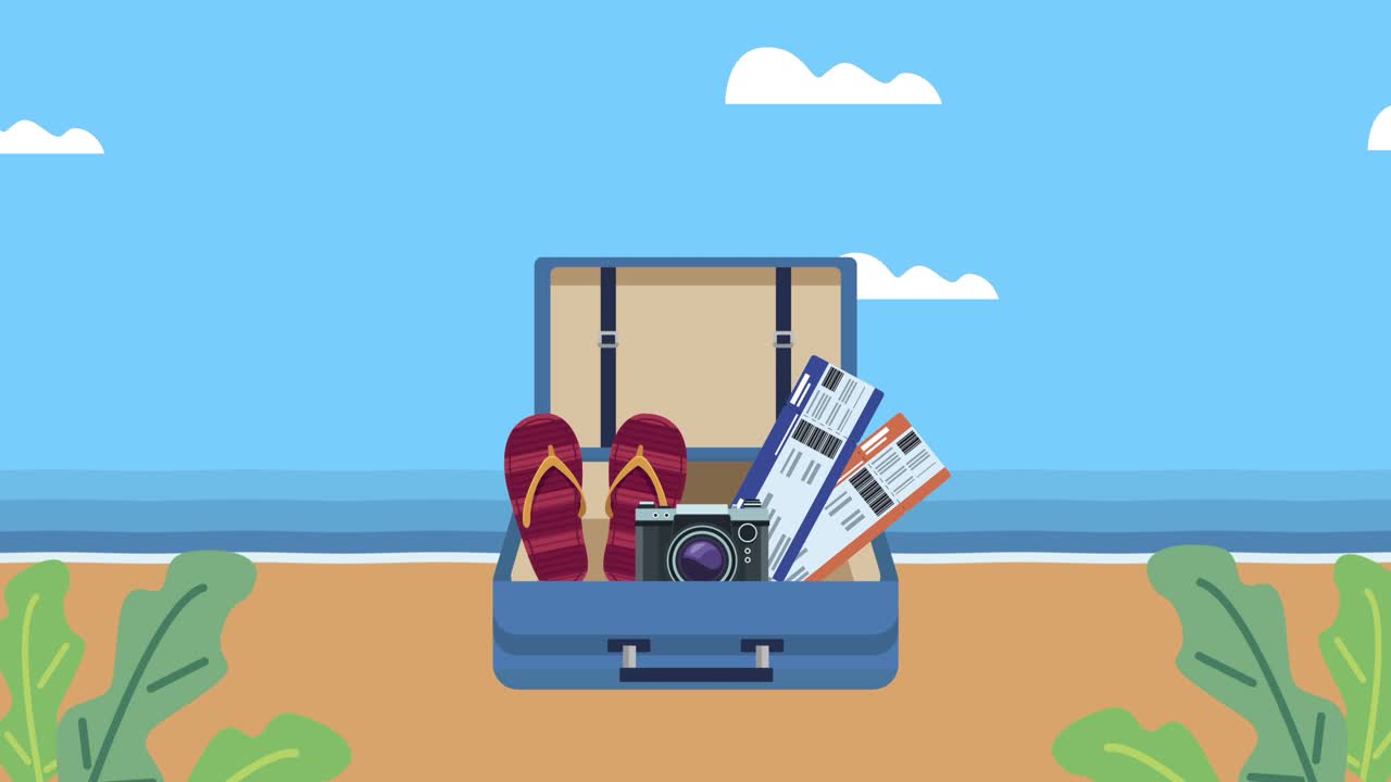 animación del día mundial del turismo con una maleta en la playa