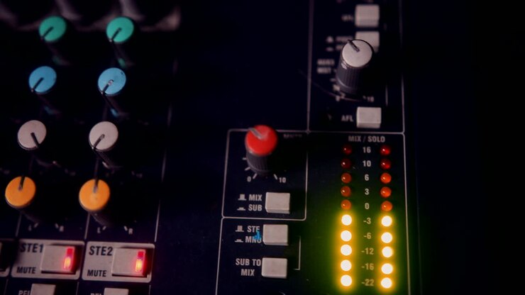 Close-up of sound mixer in radio station music studio
