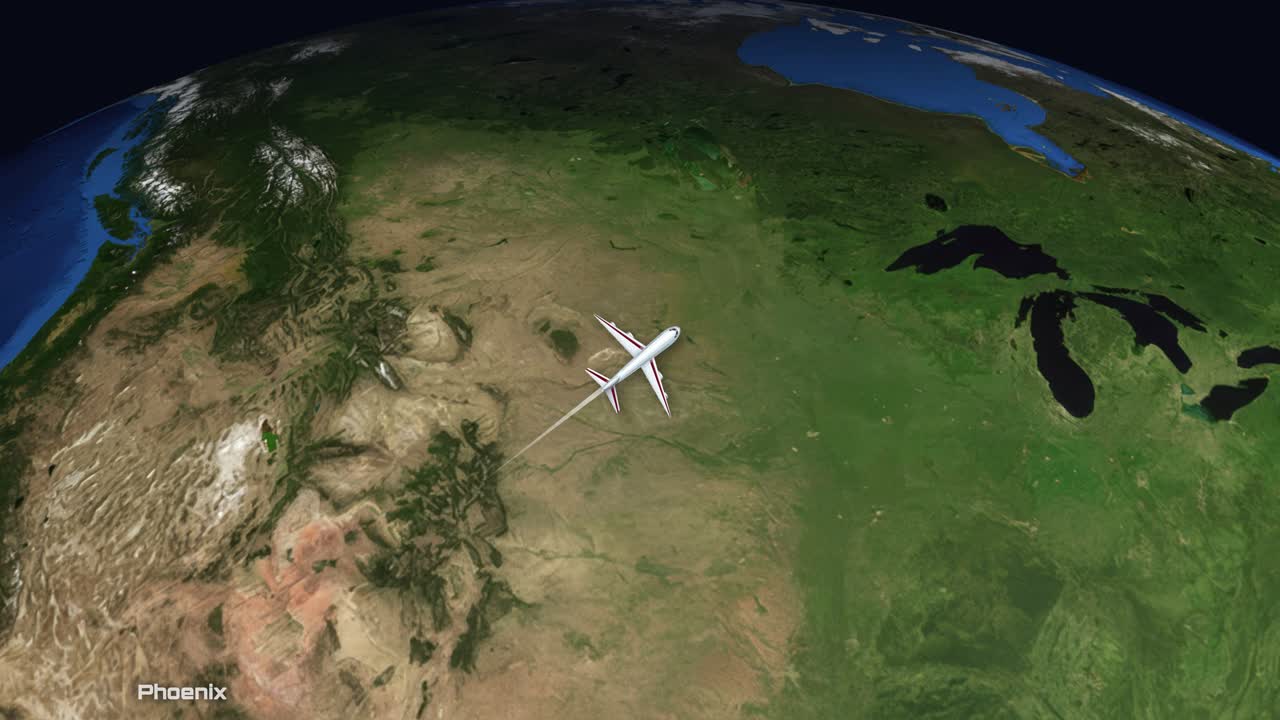 Kommercielt fly flyver hen over en 3D-globus fra Phoenix Arizona til London Storbritannien