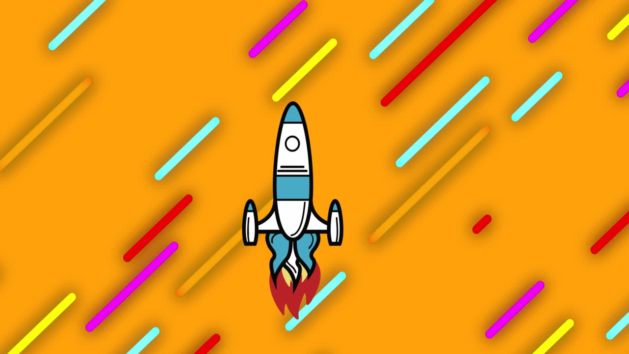 Animation of rocket icon over colorful light trails in seamless pattern on yellow background