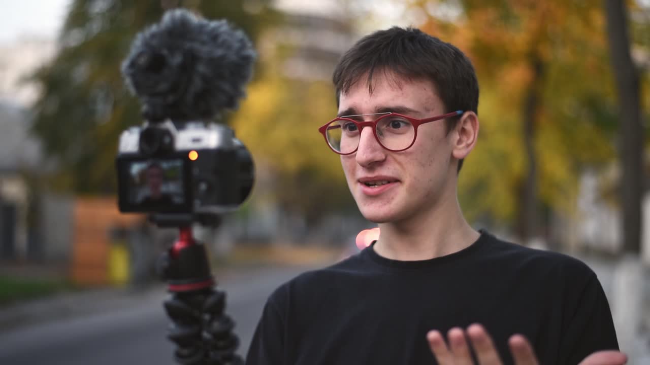 Young man speaking emotionally to the camera and turn off at the end