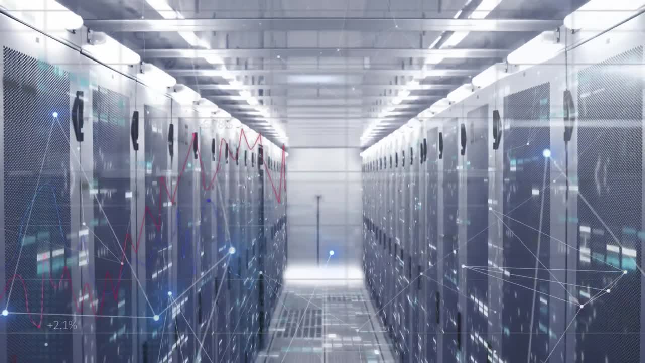 Animation of network of connections and data processing over tech room with computer servers