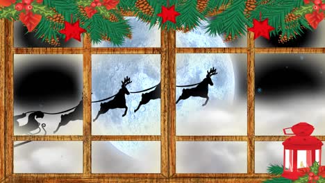 Santa-claus-and-reindeer-flying-over-moon,-window-view