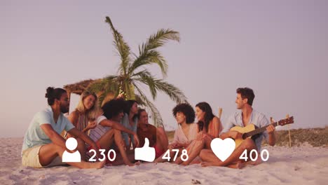 Animation-of-people,-thumbs-up-and-heart-icons-with-numbers-over-friends-having-party-on-beach