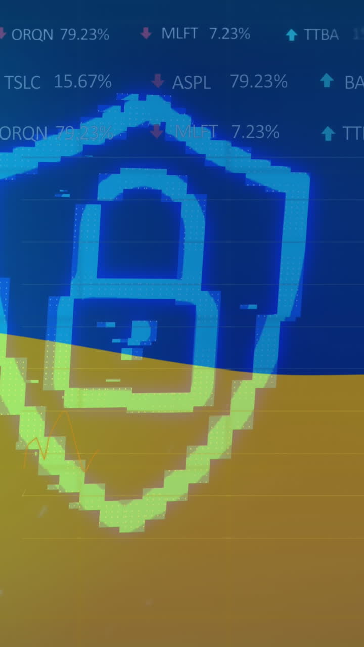animación del procesamiento de datos y escudo con candado sobre la bandera de ucrania