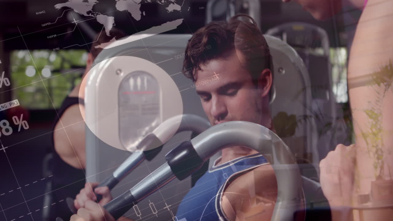 체육관에서 운동을 하는 백인 커플에 대한 인포그래픽 인터페이스의 애니메이션