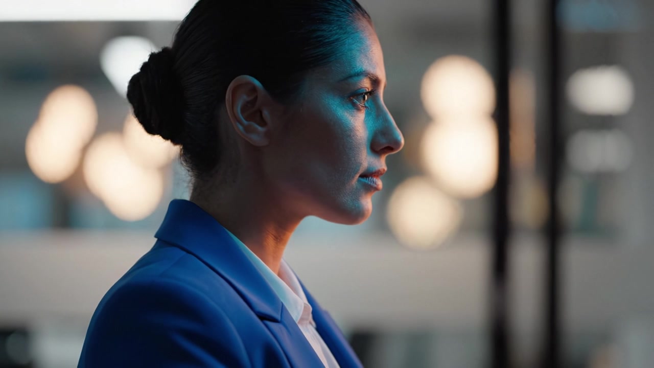 A profile view of a professional woman in a blue suit, contemplatively gazing ahead, captured in a modern office environment with soft lighting and elegant decor.
