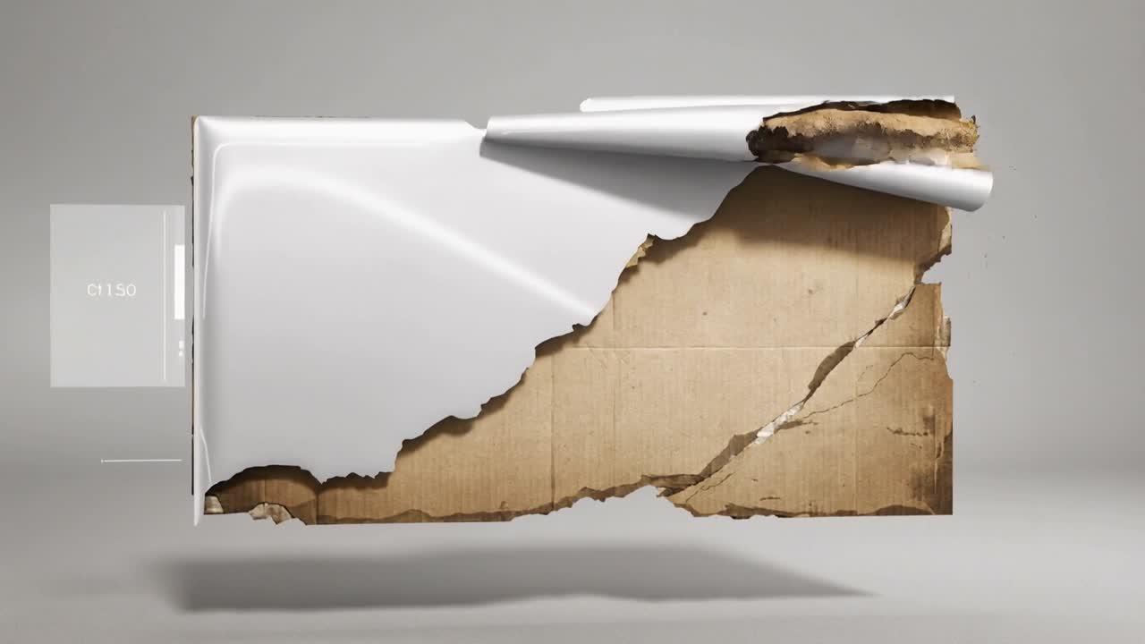 Un pannello bianco lucido si stacca dopo l'arricciatura in alto a destra, esponendo del cartone ondulato in un set grigio 01:20.