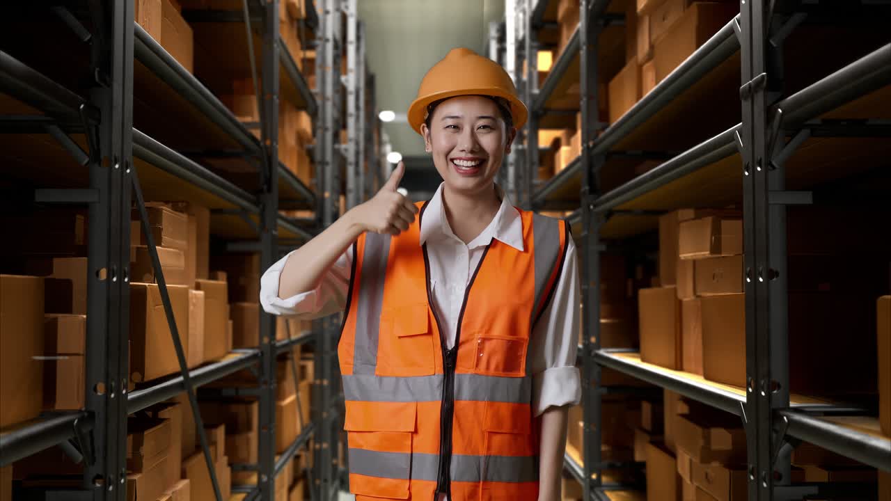 창고 노동자가 엄지손가락을 올리고