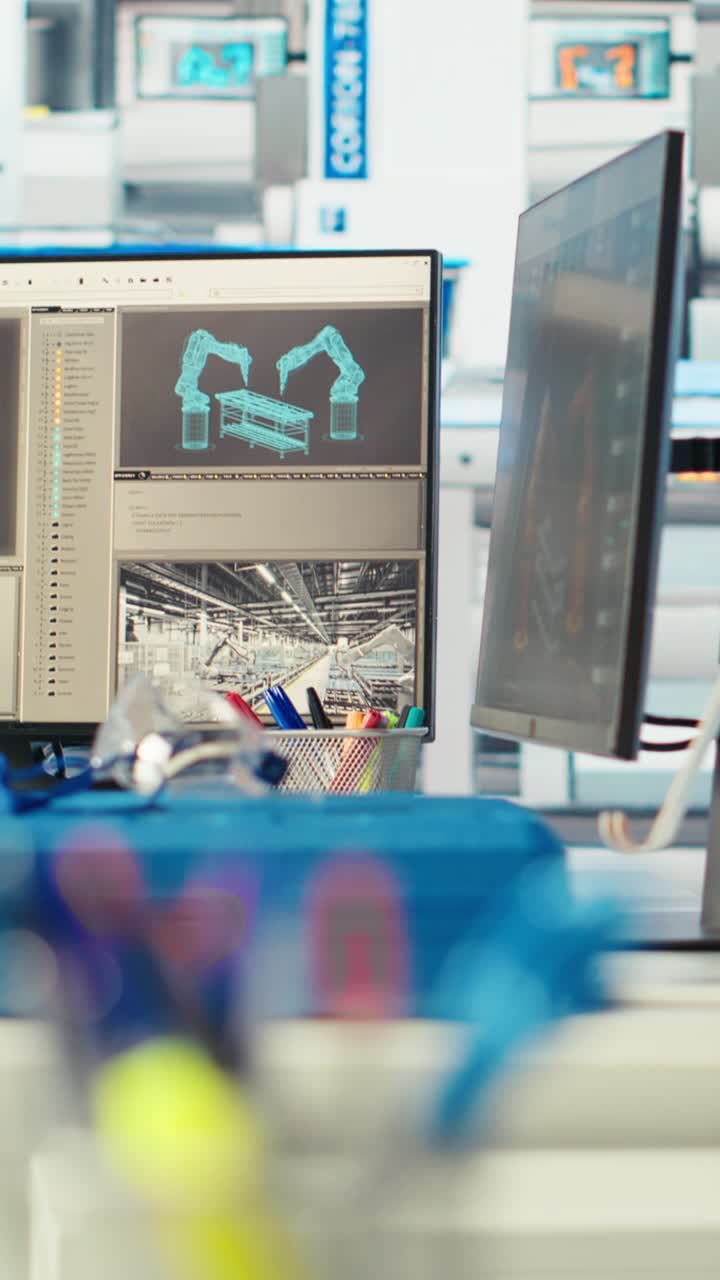 Vertical Video Simulation Software On Computer Monitor In Empty Solar Panels Plant