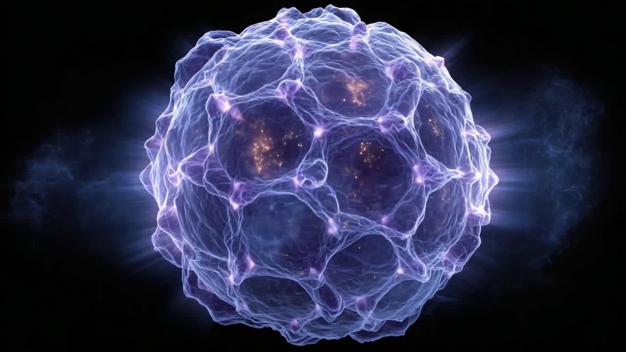 Et intrikat innblikk i mikrokosmos: Utforsking av den detaljerte strukturen til en molekylær sfære med eteriske energimønstre i kosmisk rom