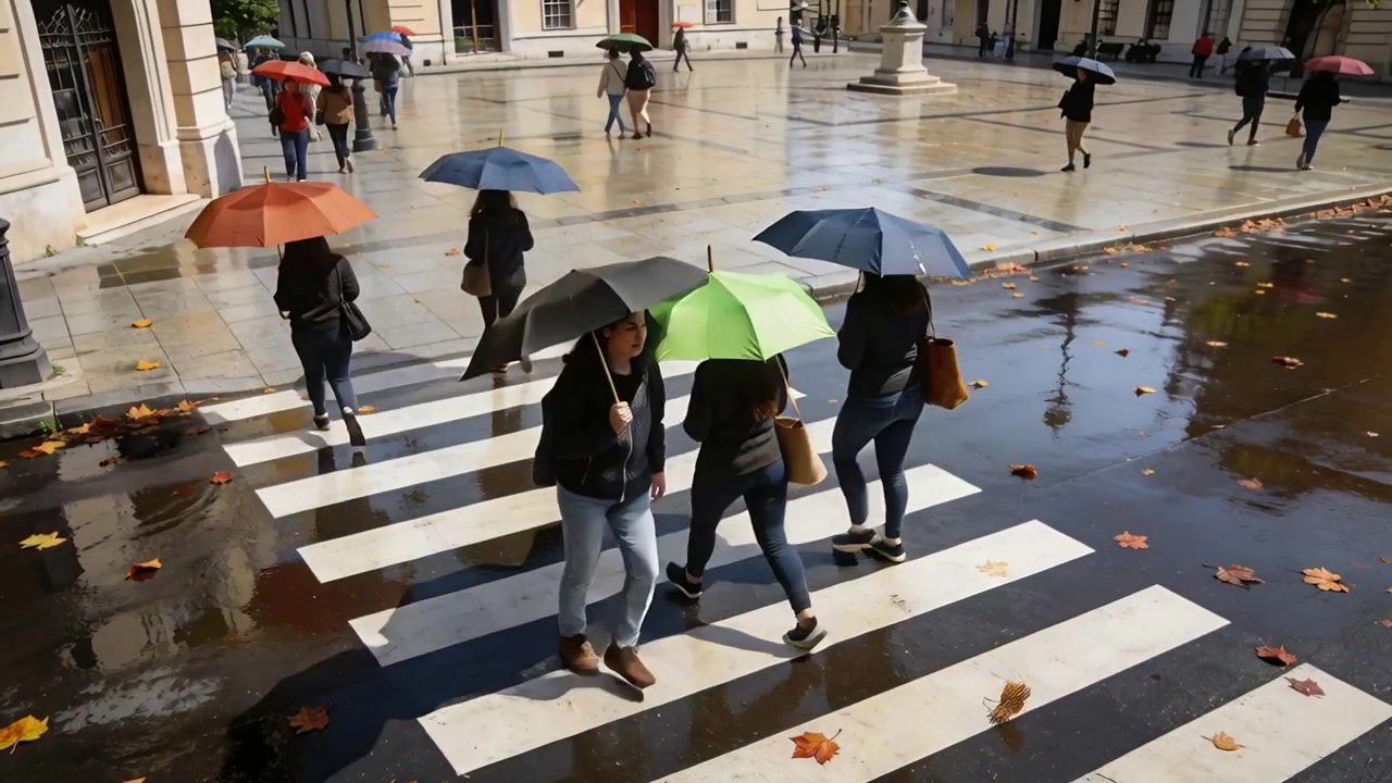 Crossing rain-prompted group of pedestrians walking across zebra crosswalk plaza, holding umbrellas