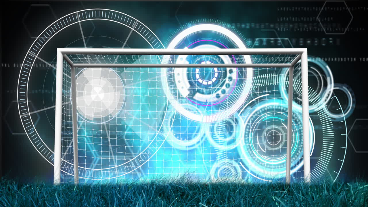 animación de escaneos y procesamiento de datos sobre la meta de fútbol en un estadio deportivo