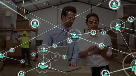 In warehouse, business people with network of connections and data processing animation
