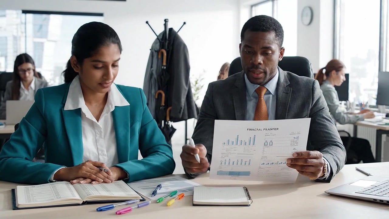 Business Meeting Between Two Professionals Analyzing Financial Data and Strategies in a Modern Office Environment with Colleagues Engaged in Work Around Them