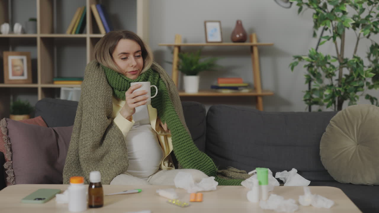 Pregnant Woman Resting at Home with Cold