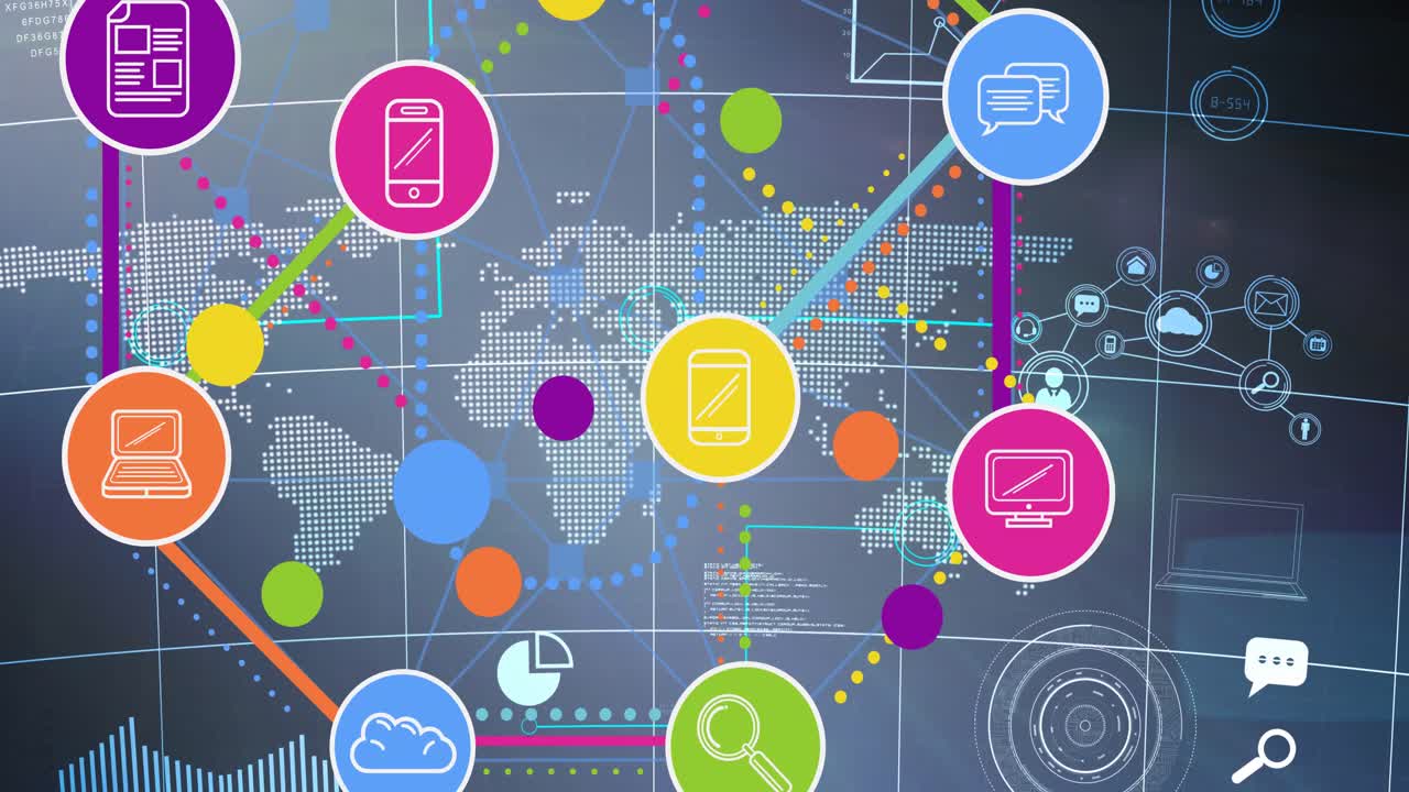 animación de la red de conexiones con iconos digitales sobre el mapa del mundo en el fondo