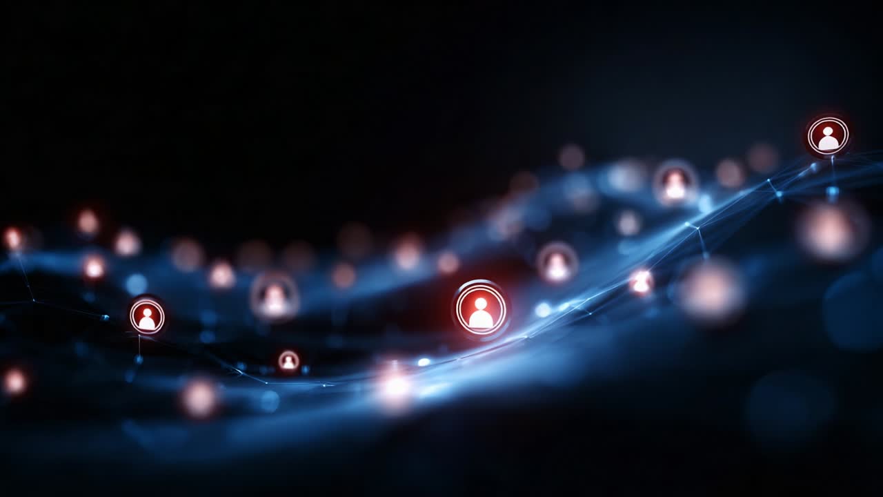 Visual Representation of a Digital Network Connecting People Through Technology, Showcasing Interactive Connections and Social Engagement Across a Futuristic Background of Blue and Red Lights