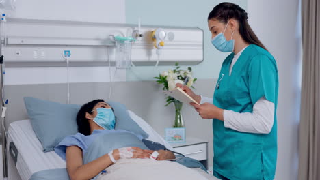 Nurse,-face-mask-and-consulting-for-patient-in-bed