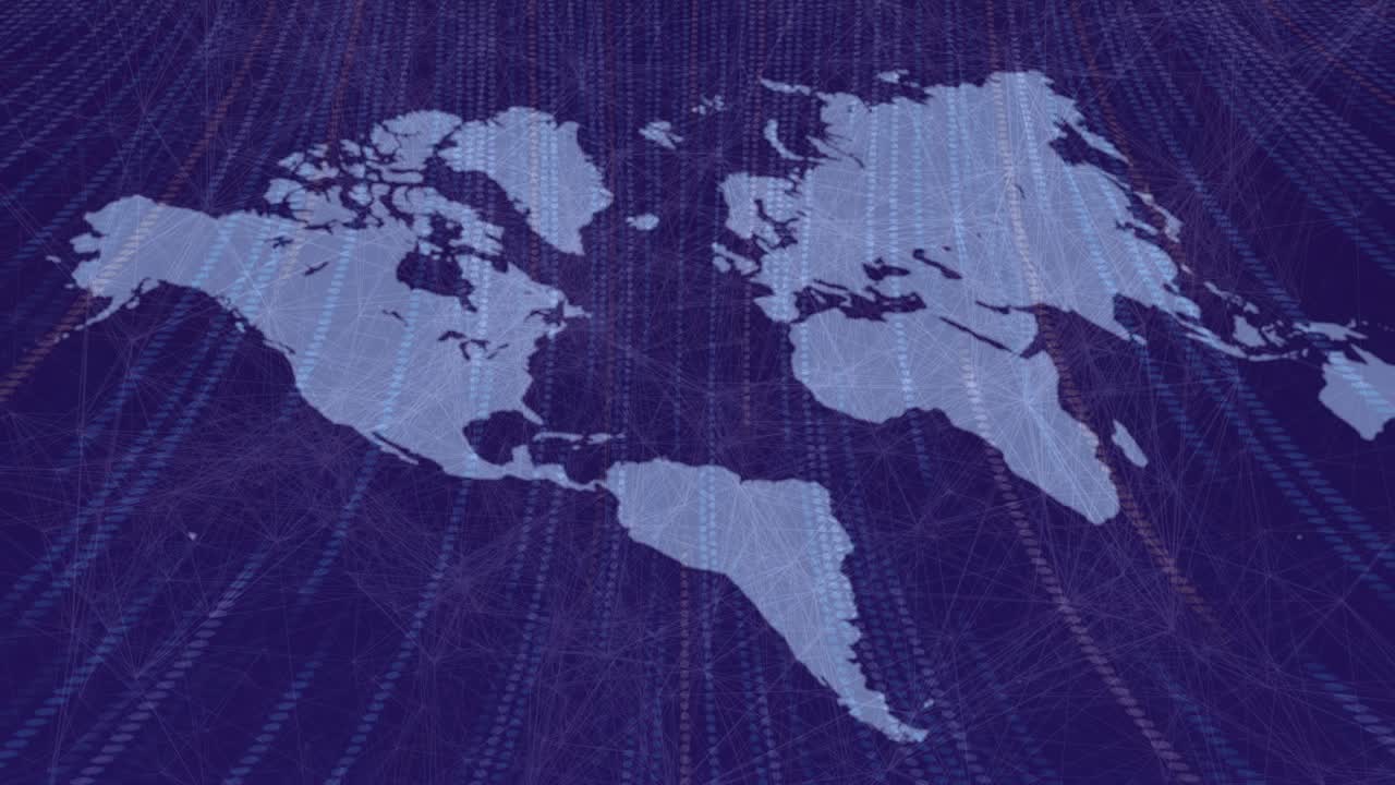 Digital pale-blue map streaming lines, drawing pink connections to visualize global network growth