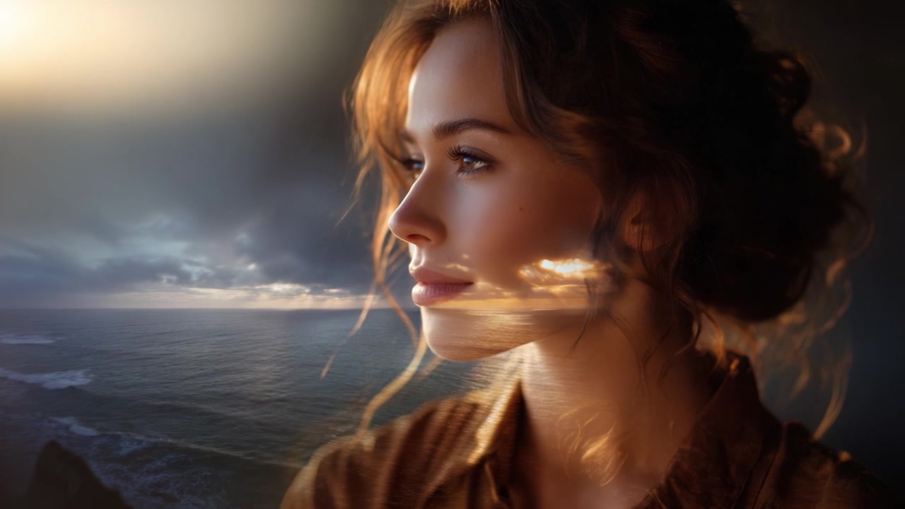 Una donna serena che guarda pensierosa l'orizzonte, catturando un momento di riflessione con un bellissimo paesaggio marino sullo sfondo e una luce dorata che crea l'atmosfera.