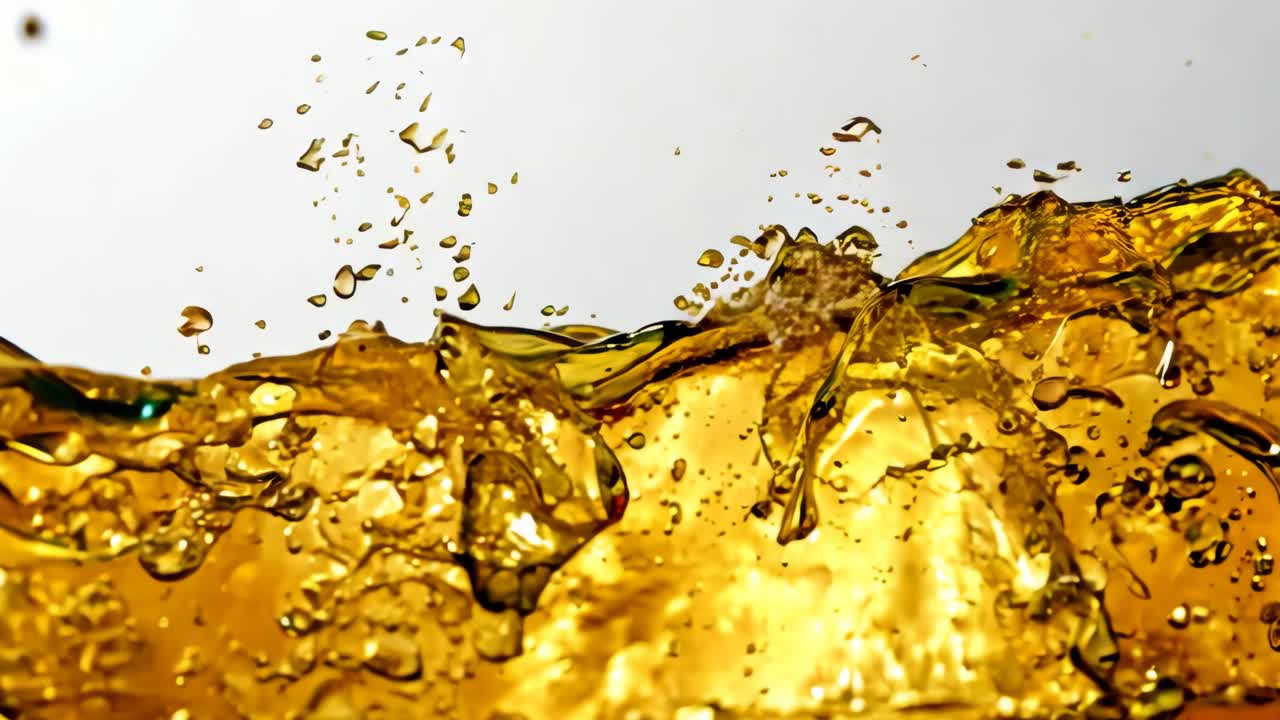 A splash of liquid with bubbles and foam. The liquid is brown and he is a beverage