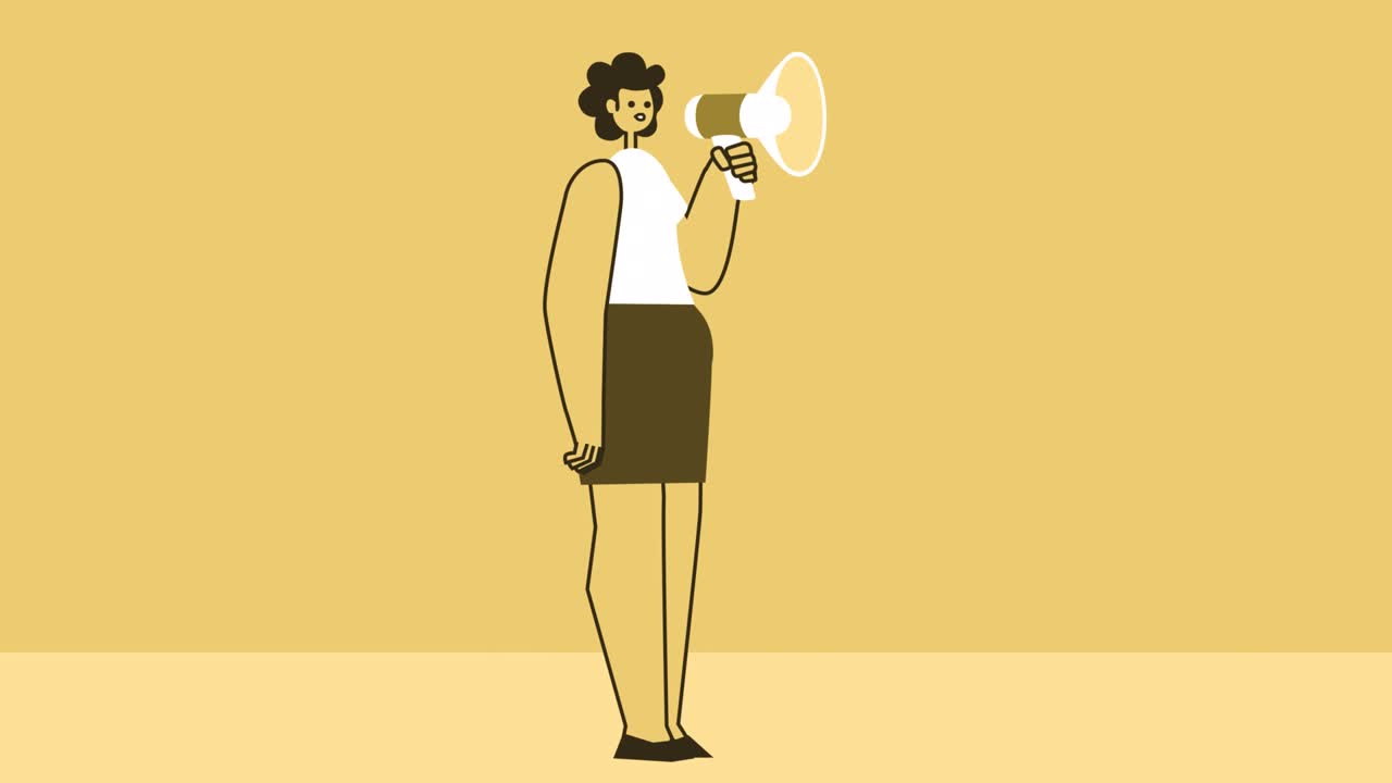 Donna in stile giallo, personaggio piatto, che parla in un megafono. Animazione in loop isolata con canale alfa.