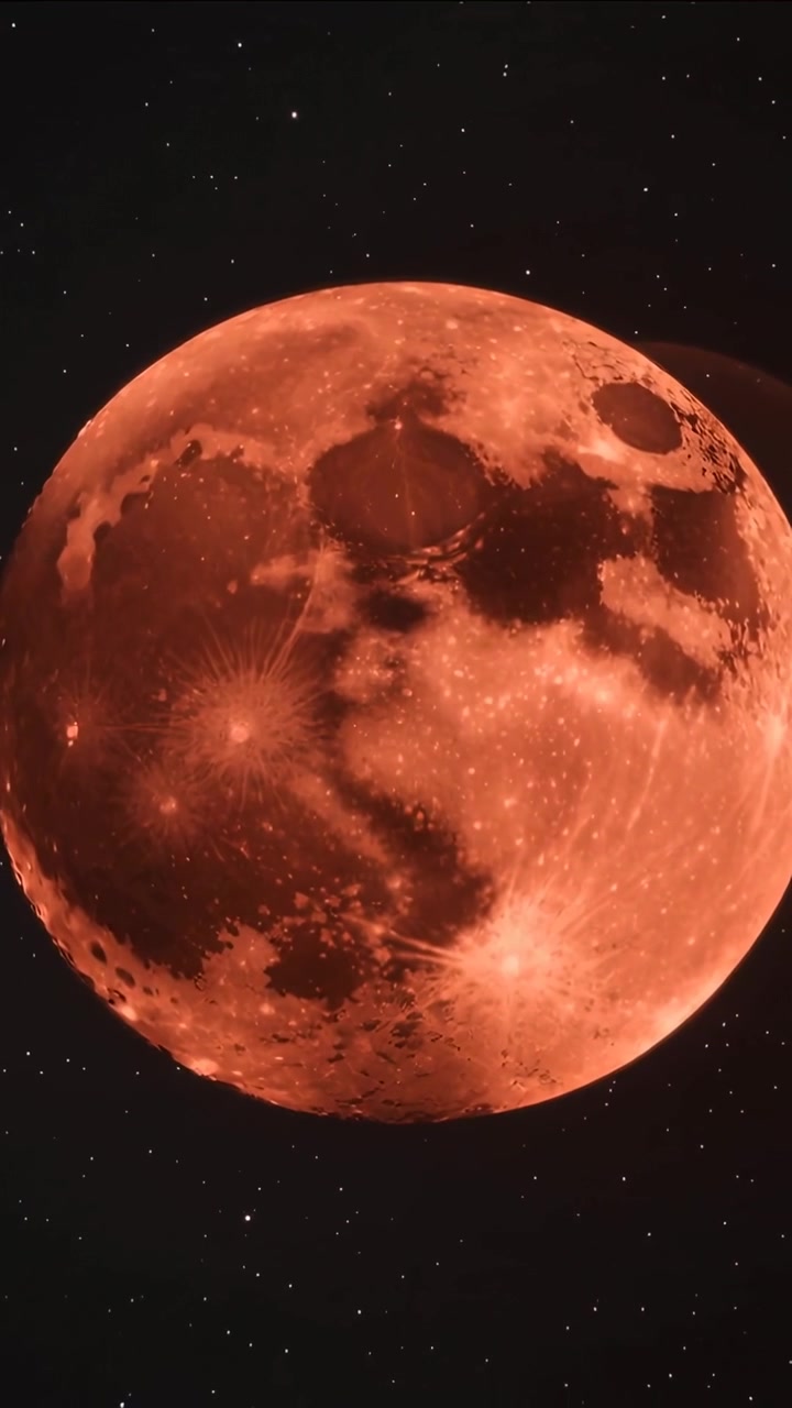 Video verticale: Telecamera in movimento che mostra una luna rossa che ruota nello spazio, catturando crateri e scintille.