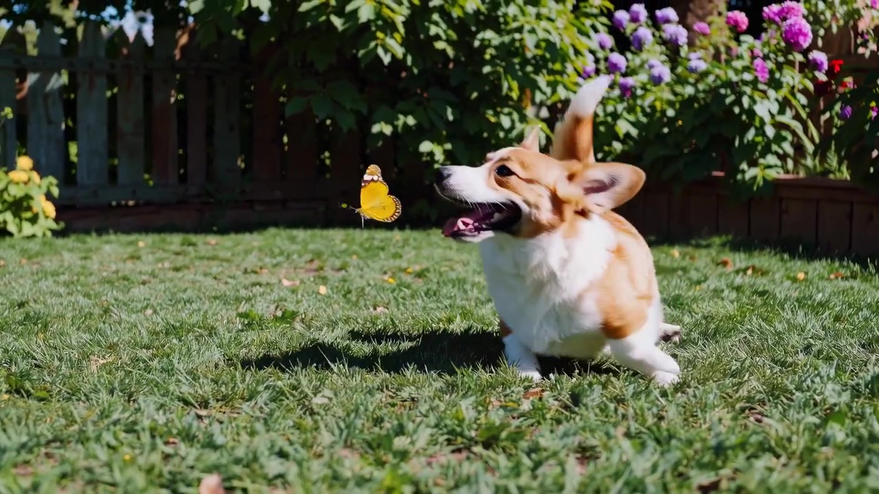 Perro Corgi jugando y persiguiendo una mariposa en un jardín soleado