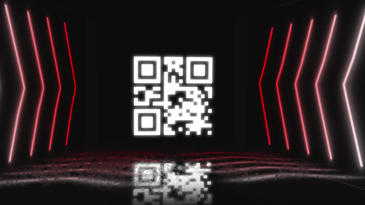 animación digital de código qr de neón brillante contra líneas rojas brillantes en fondo negro