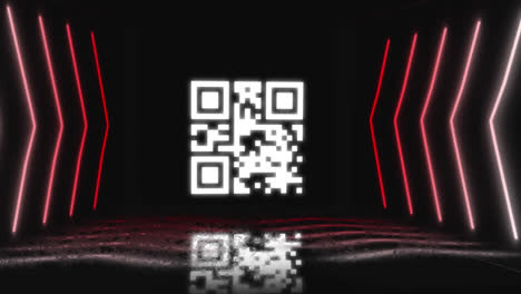 Animación-Digital-De-Código-Qr-De-Neón-Brillante-Contra-Líneas-Rojas-Brillantes-Sobre-Fondo-Negro