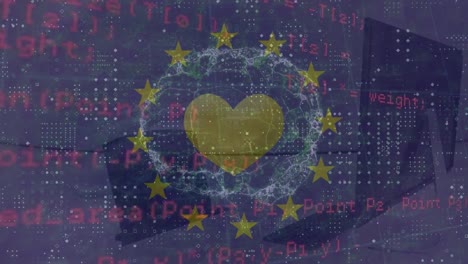 Animation-of-data-processing-over-globe,-heart,-european-union-flag-and-computer-in-office