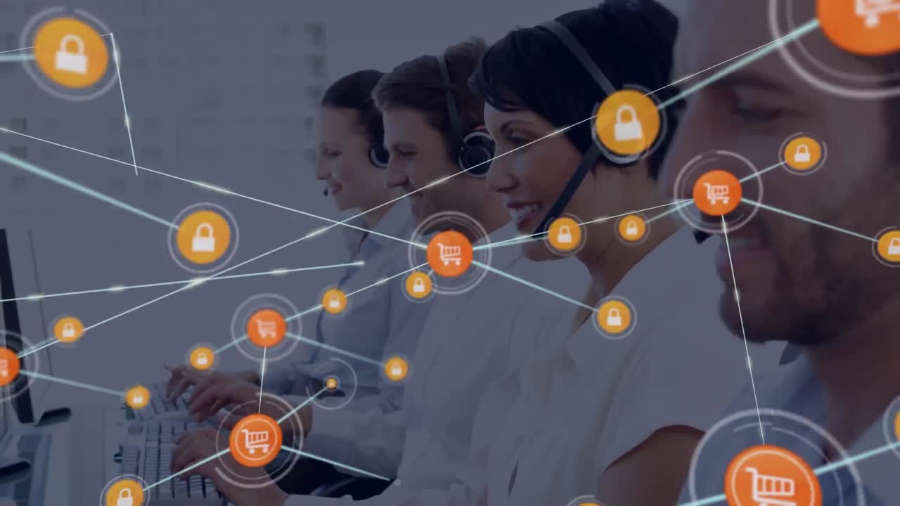 Animation of network of connection with icons over business people wearing phone headsets