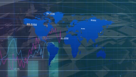 Animación-Del-Procesamiento-De-Datos-Estadísticos-Sobre-El-Mapa-Mundial-Contra-El-Depósito-De-Chatarra