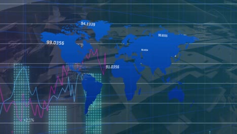 animation of statistical data processing over world map against junkyard