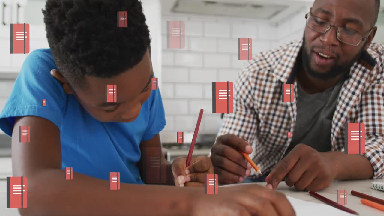 Animation of notebook icons over african american schoolboy with teacher