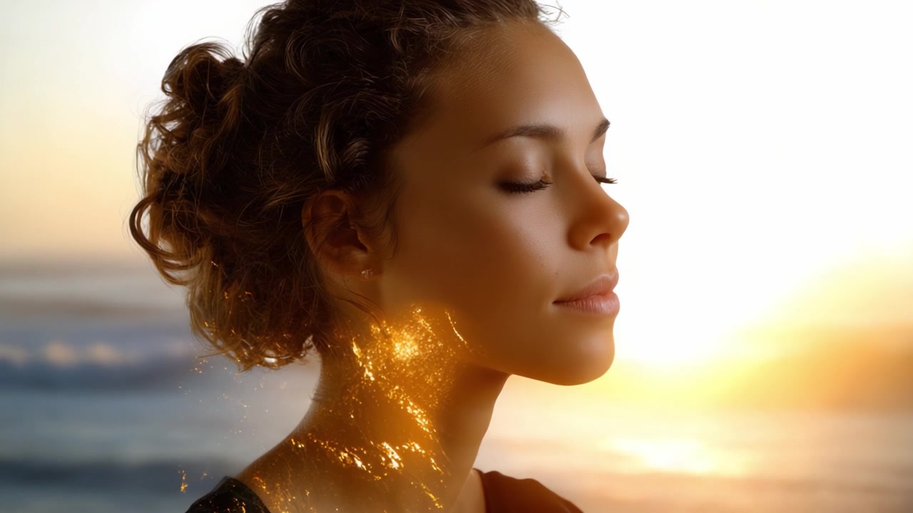 A Serene Encounter with Nature: A Woman in Contemplation Overlooking a Beautiful Sunset by the Ocean, Capturing Peaceful and Reflective Moments