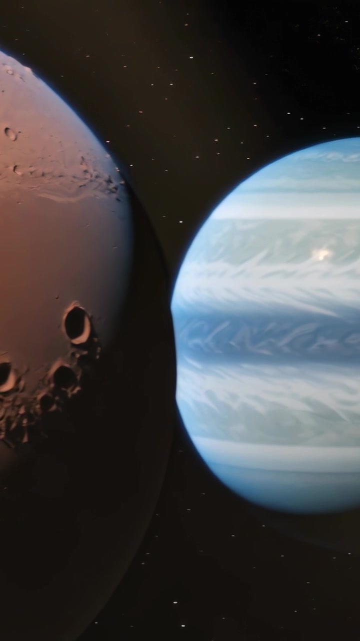 Vertical video: Panning camera revealing red cratered planet moving left in space to show gas giant