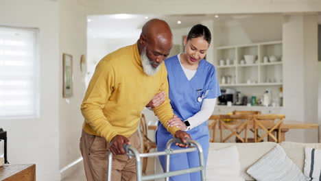 woman, nurse and helping elderly man with walker