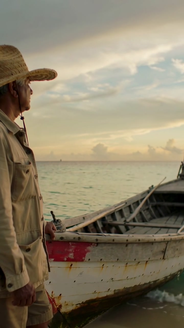 Vertical video: Panning senior man with hat holding boat at dawn, watching, copy space