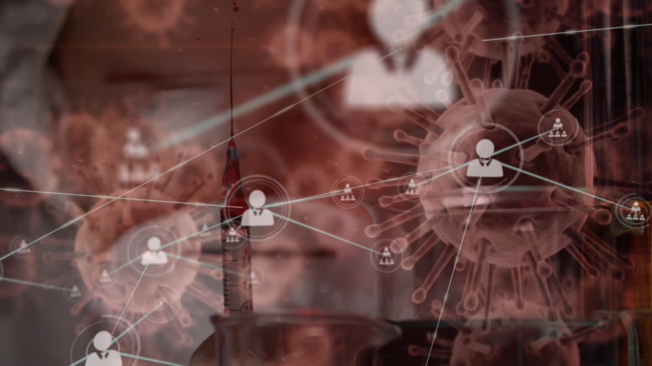 프로파일 아이콘과 코로나19 세포의 네트워크가  ⁇  바탕에 있는 주사기 위에 떠다니고 있습니다.