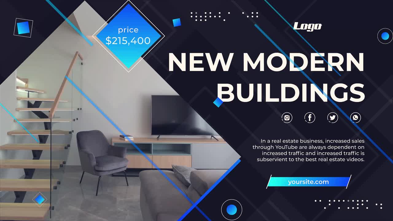 Promozioni immobiliari con layout puliti per presentare proprietà e caratteristiche principali