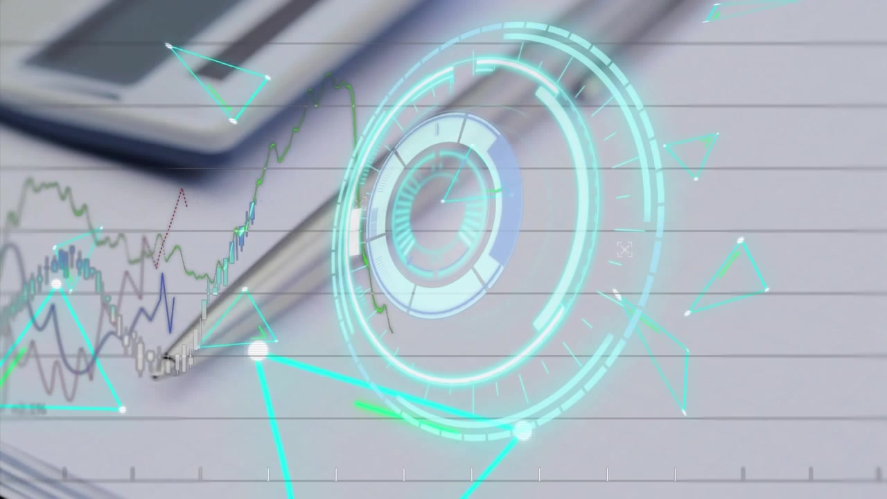 Digital animation of shapes and stats represents global market concepts.
