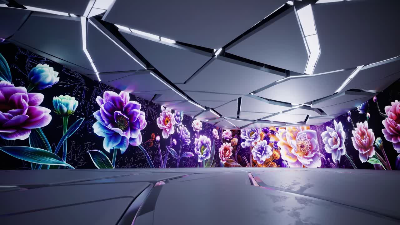 Concetto di video futuristico con vivace arte murale floreale