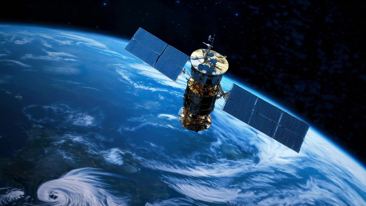 Moderne satellit med solpaneler kredser om den blå Jord i rummet
