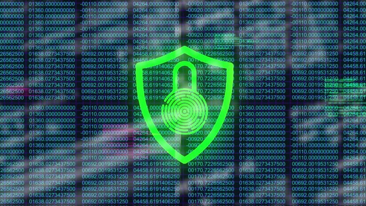 Animation of padlock data processing and network of connections over dark background